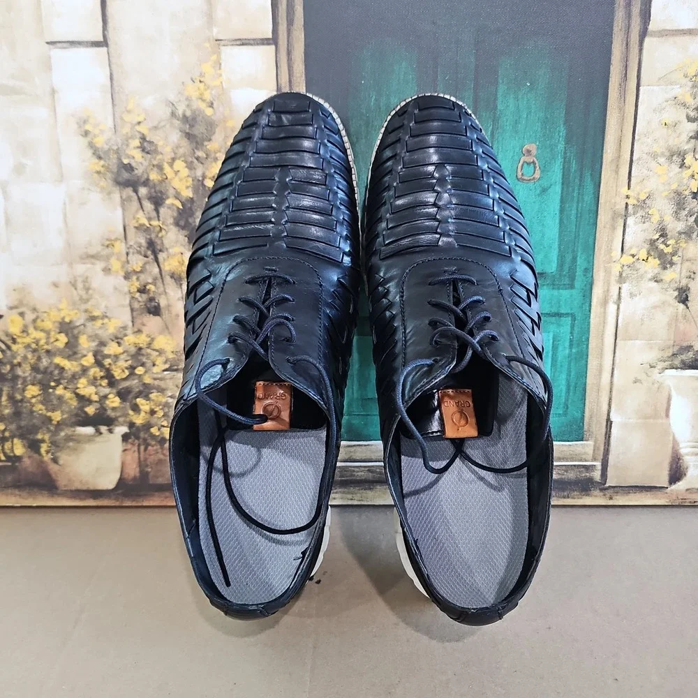 COLE HAAN ZEROGRAND Remastered Oxfords Mens 12 M Black Leather Woven Dress Shoes